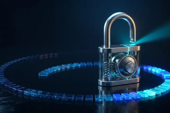 قفل زجاجي وفولاذي حديث على سطح داكن يبدأ قوسه بالارتفاع، تحيط به سلسلة طويلة من بلاطات زجاجية صغيرة متدرجة اللون كأنها تخمينات متتابعة